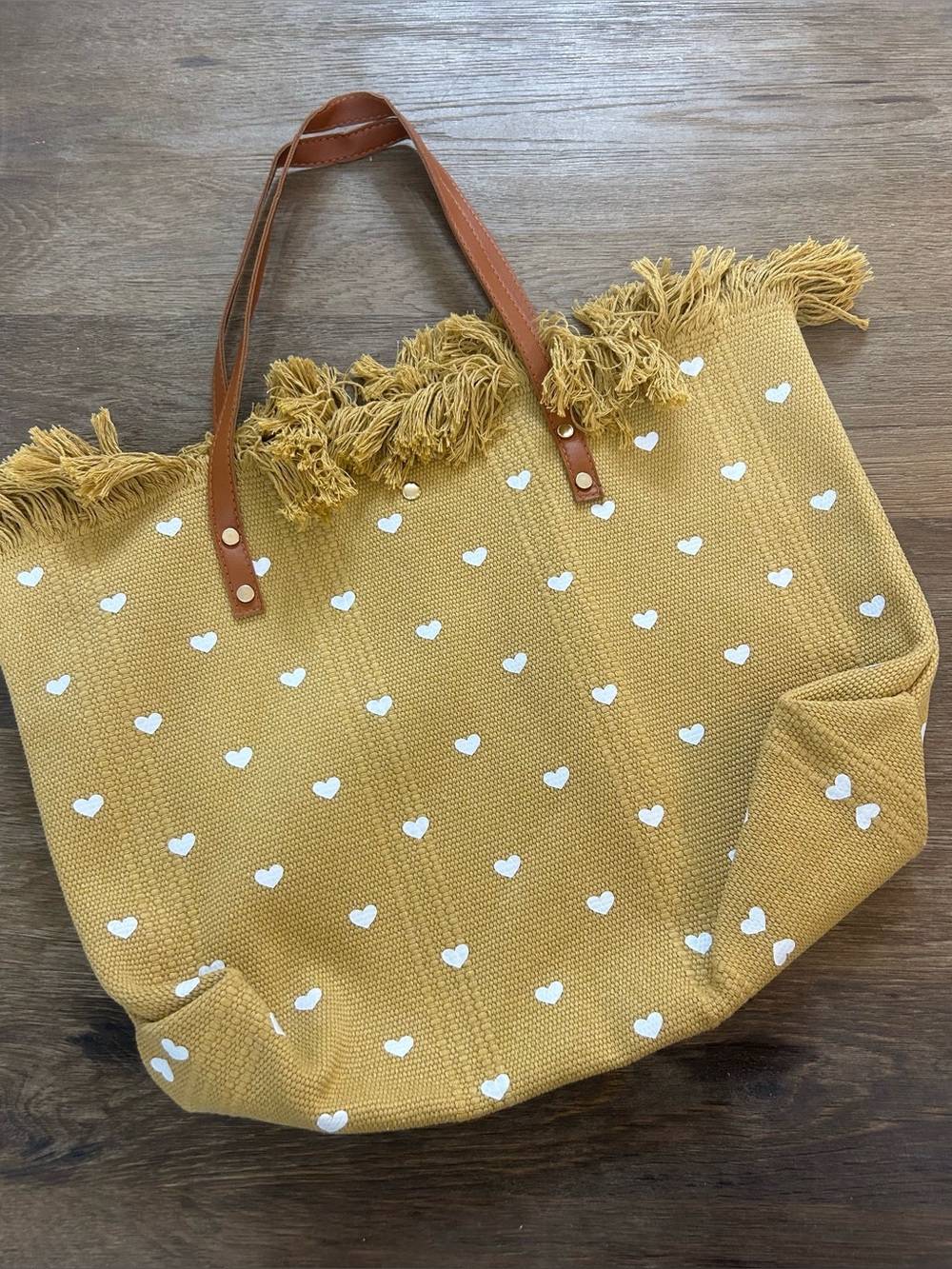 Priv - New Fringe Heart-Print Mustard Tote with Tan Straps